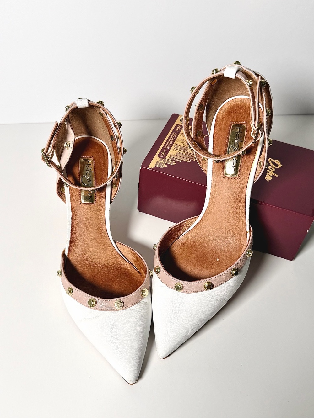 Halogen White Pointed Toe Ankle Strap Pumps with Blush Trim